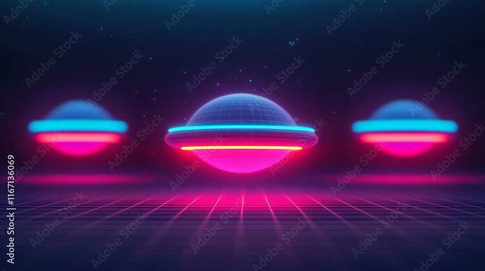 Poster glowing futuristic holograms floating on a dark grid background