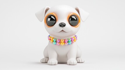 Retro Y2K Style 3D Puppy Icon with Oversized Eyes and Colorful Collar on White Background