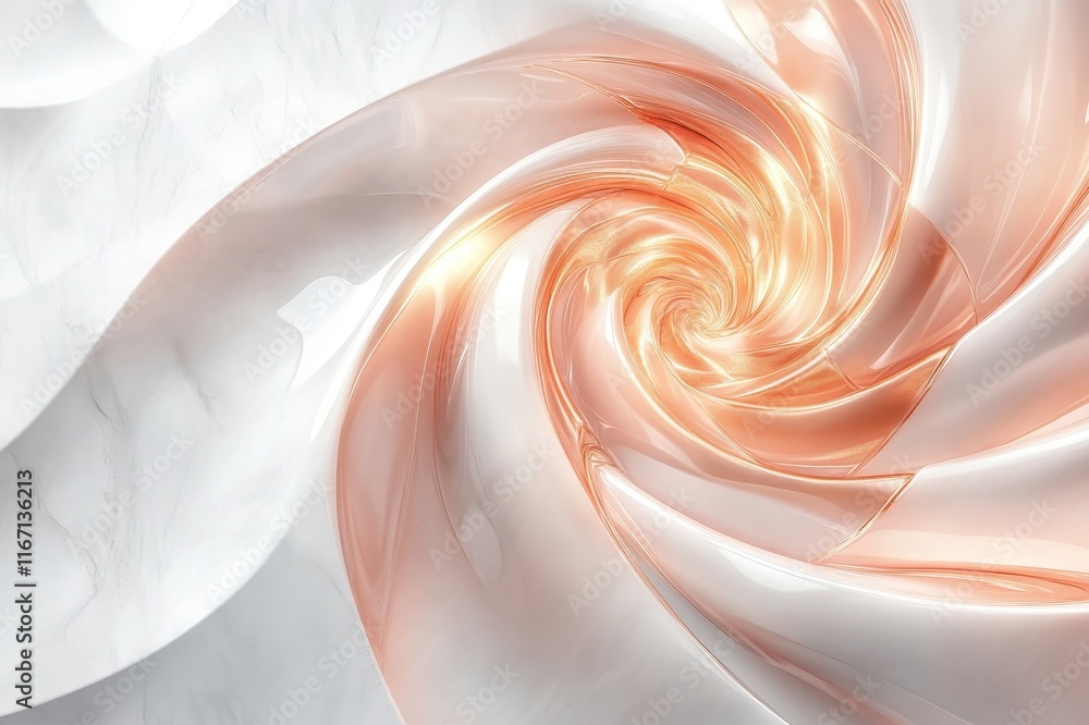 Poster swirling patterns of light and color create a mesmerizing spiral design with soft hues of peach and 
