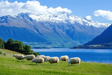 Obraz premium sheep along the mountain range