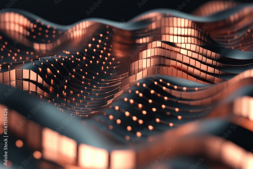 Poster fluid metallic waves dance in mesmerizing patterns, capturing light in an abstract landscape of copp