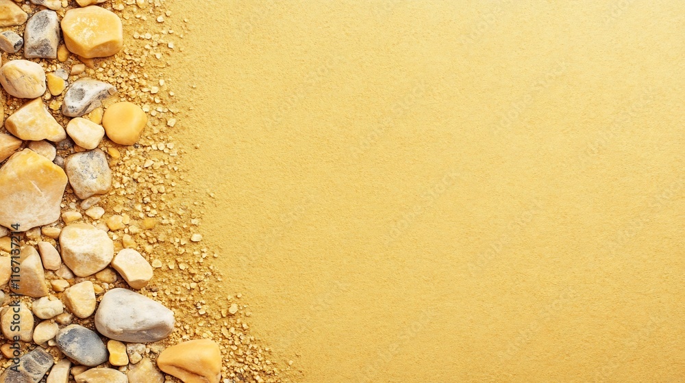 Poster vast golden sandy texture with scattered pebbles and wide margin for text background