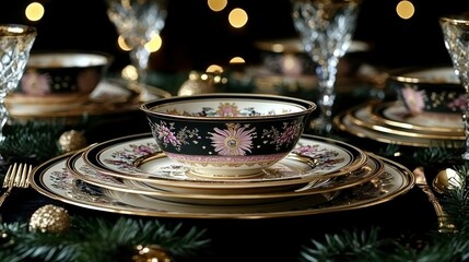 Fototapeta premium Elegant Black and Gold Dinnerware Set on Festive Table Setting