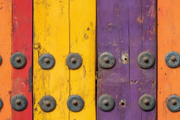 Fototapeta premium The old iron background is painted yellow, orange, purple, red in with rust and chips