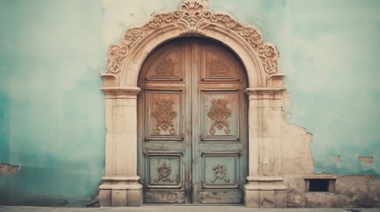 Hand-carved wooden door with a vintage look, space on the left, soft natural light, soft teal background,generative ai illustration