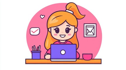 Fototapeta premium Cute Cartoon Character Working on Laptop at Desk with Stationery Items, Expressing Joy and Engagement in a Creative Workspace