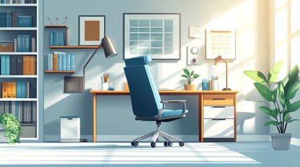 Sunlit modern home office with desk, chair, bookshelves, and plants.