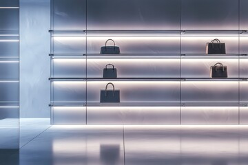 Elegant display of luxury handbags in a modern boutique setting with striking lighting and minimalist design. Generative AI