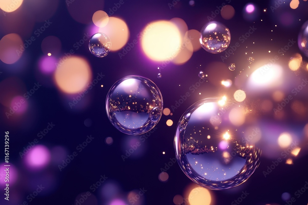 Poster Delicate bubbles floating through an enchanting twilight of sparkling lights and ethereal colors. Generative AI