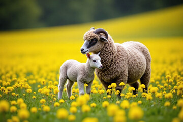 ewe and lamb standing in field of yellow flowers in natural scene