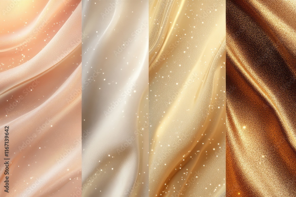 Poster flowing fabric panels create a mesmerizing display of shimmering textures and warm tones in a captiv