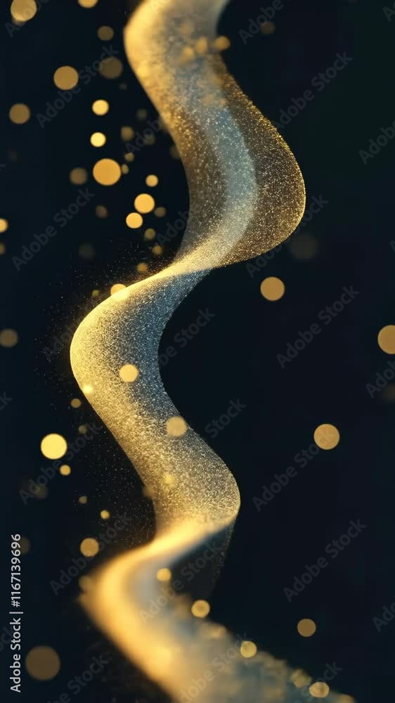 Poster shimmering golden waves and floating particles create a mesmerizing visual effect against a dark bac
