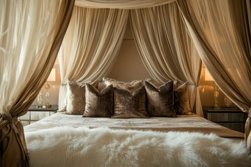Luxurious bedroom adorned with elegant drapes and plush decor for a cozy retreat experience at night. Generative AI