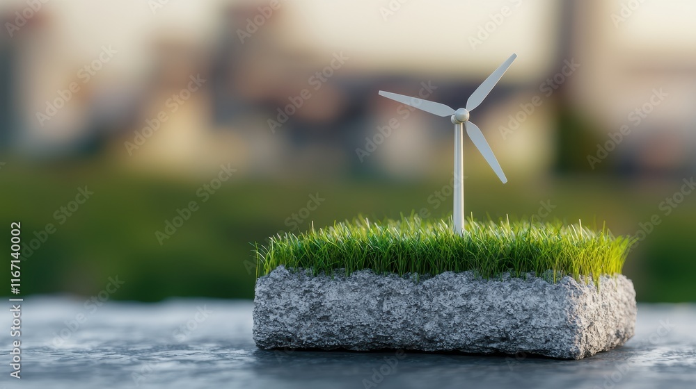 Poster miniature wind turbine on green grass with soft background in nature setting