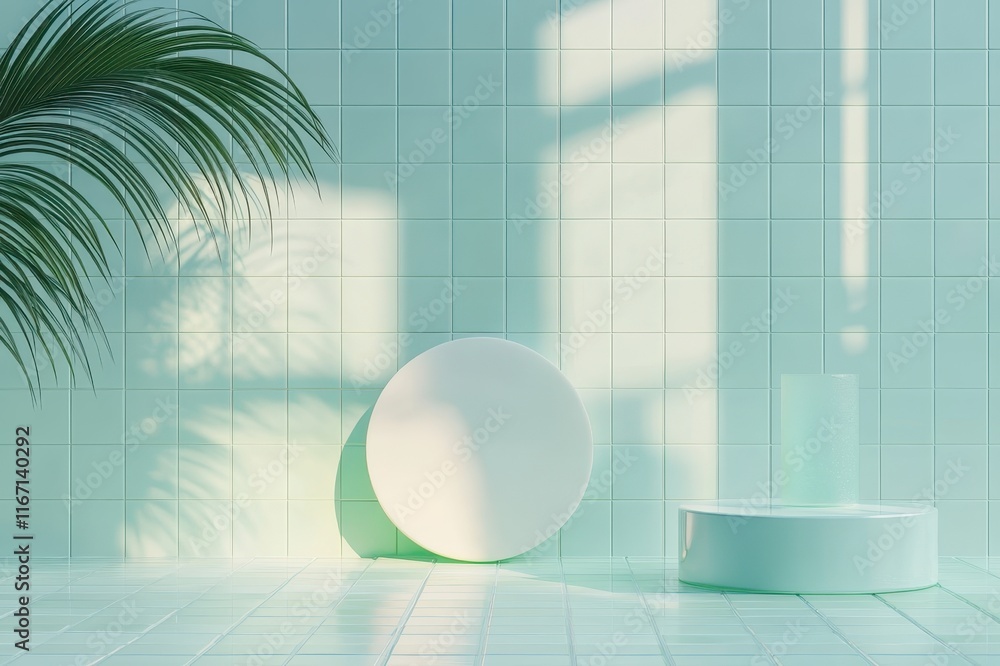 Poster bright minty space with soft shadows and serene shapes creating a tranquil atmosphere for modern rel