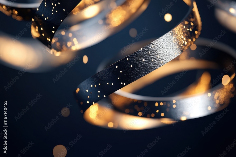 Poster captivating metallic ribbons twist and twirl, reflecting golden sparkles in a mesmerizing display of