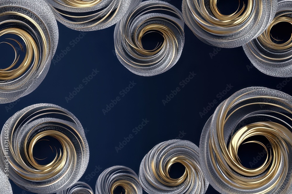 Poster swirling metallic patterns create a mesmerizing display of elegance and depth against a dark backgro