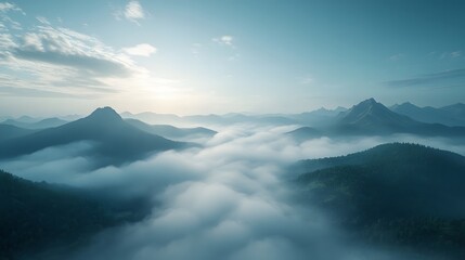 Aerial view of misty mountains with rolling fog, morning sunlight, and blue sky, creating an ethereal, dreamy landscape with cinematic lighting.
