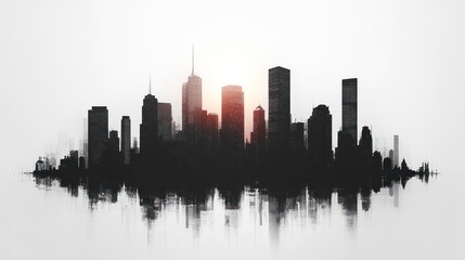 Cityscape silhouette at sunset, reflected in water.