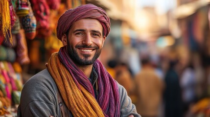 Obraz premium Vibrant market atmosphere captured as a cheerful man greets visitors in a bustling bazaar during golden hour