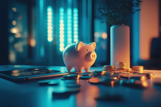 Exploring savings and financial goals with a piggy bank surrounded by coins in a modern, brightly lit workspace at night. Generative AI
