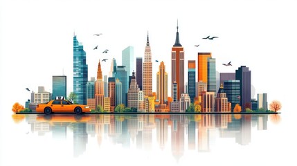 New York City skyline illustration with taxi and reflection.