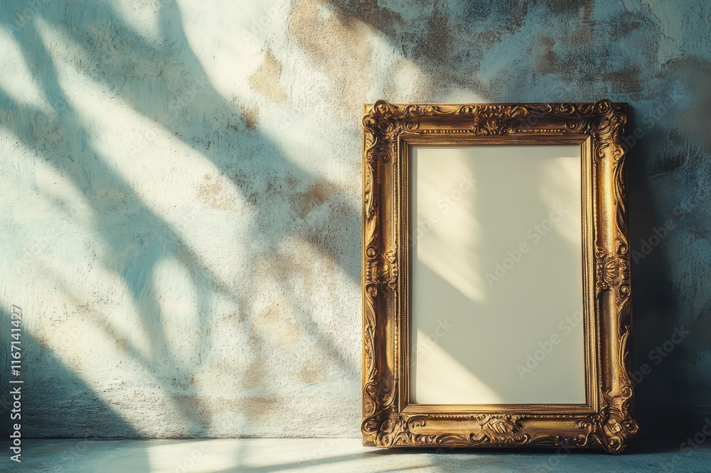 Aufkleber empty ornate frame cast in soft shadows against a textured wall, inviting creativity and imagination
