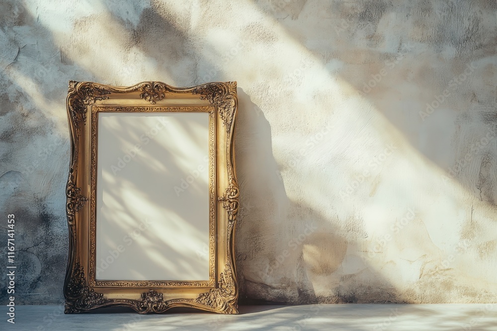 Poster elegant empty frame casting shadows against a textured wall in soft afternoon light. generative ai