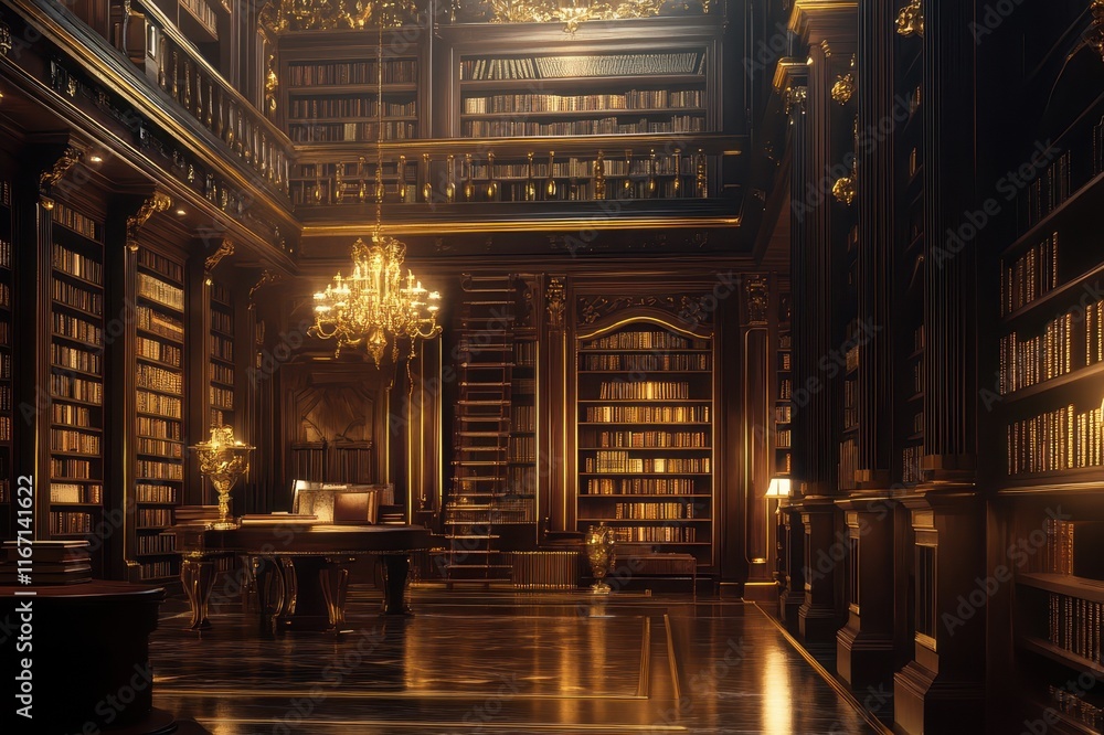 Poster majestic old library filled with towering bookshelves and elegant chandeliers inviting quiet explora