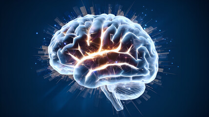 Obraz premium A brain with a shining halo and illuminated lines is a symbol of the thought process and neural activity.