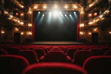 Elegant theater awaits the magic of performance with plush red seats and enchanting lighting. Generative AI