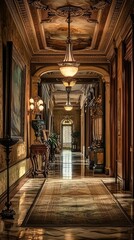 Obraz premium Elegant Historic Hallway with Artistic Details and Warm Lighting