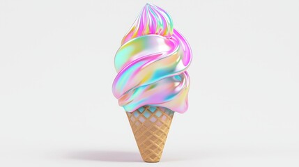 Whimsical 3D Ice Cream Cone Icon - Reflective Chromium Finish - Y2K Pop Culture - Ultra-Detailed Isolated Model