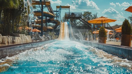 A water slide is shown with a lot of water coming down it. The slide is surrounded by a sandy area and there are some umbrellas in the background. Scene is fun and playful