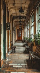 Fototapeta premium Serene Vintage Hallway with Benches and Natural Light