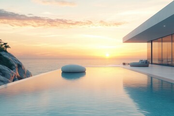 Serene sunset over an infinity pool reflecting vibrant colors at a coastal retreat. Generative AI