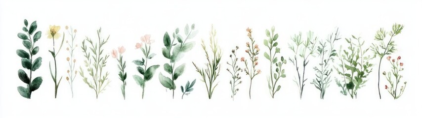 Fototapeta premium Watercolor Botanical Illustration Set of Green Plants Flowers Herbs and Berries on White Background
