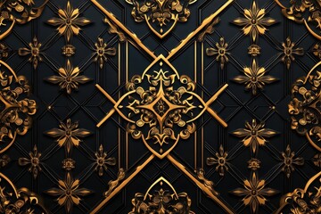 Intricate gold floral patterns dance upon a deep black background in an ornate design featured in luxurious interior decor. Generative AI