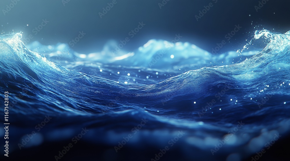 Poster dynamic blue waves flow gracefully against a dark backdrop with sparkling particles