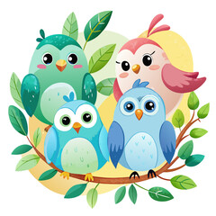 Cute cartoon birds, watercolor vector illustration, printable png
