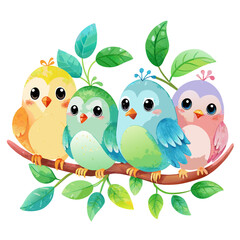Obraz premium Cute cartoon birds, watercolor vector illustration, printable png