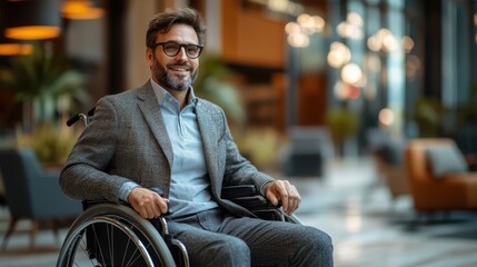 Confident man enjoying a moment in a modern urban hotel lobby while seated in a wheelchair during daylight hours