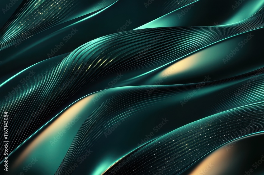 Poster waves of shimmering teal and gold flow gracefully in a mesmerizing, abstract pattern creating depth 