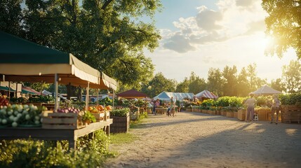 Obraz premium Vibrant Community Farmers Market at Sunset with Fresh Produce Stalls