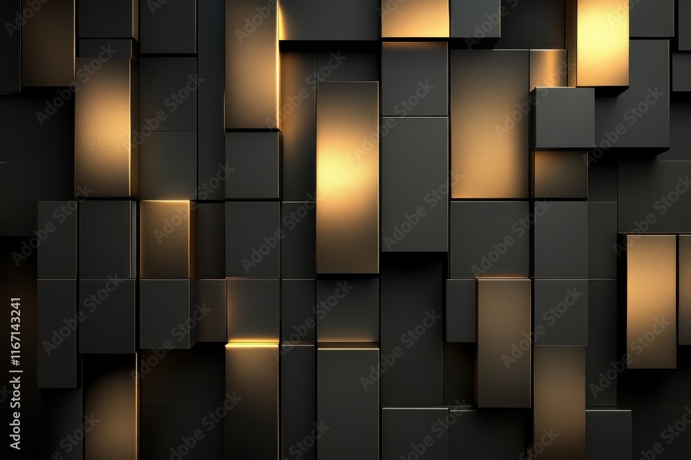 Poster exploring the interplay of light and shadow on black geometric shapes in an abstract composition. ge