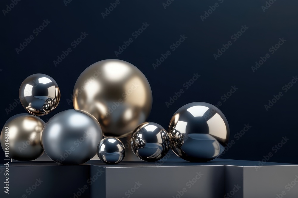 Poster spheres of light create a captivating balance on sleek geometric surfaces under ambient illumination