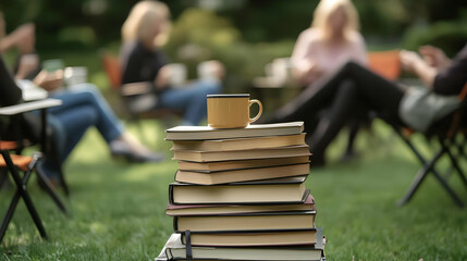 Books and coffee in a relaxing outdoor setting.