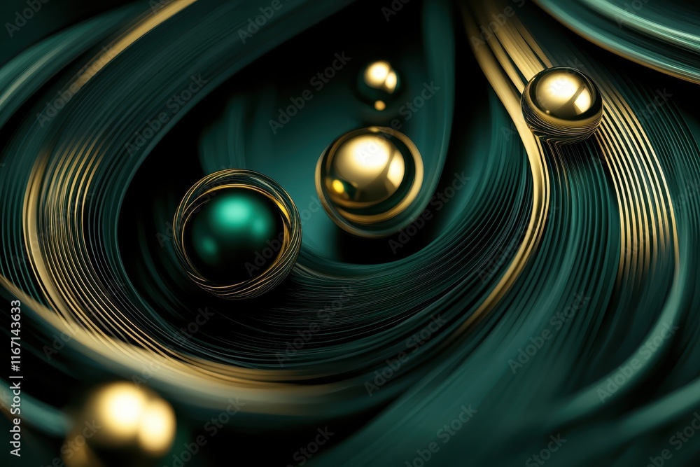 Poster swirling strands of luxurious green and gold with shimmering spheres create an elegant and modern co