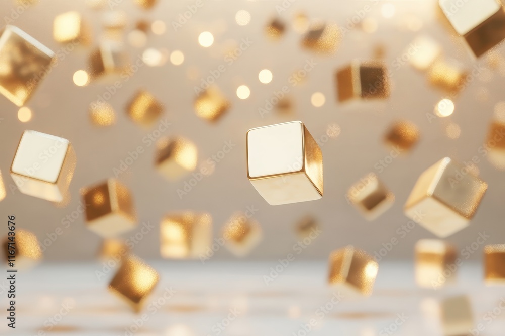 Poster golden cubes cascade through the air in a mesmerizing display of light and motion. generative ai