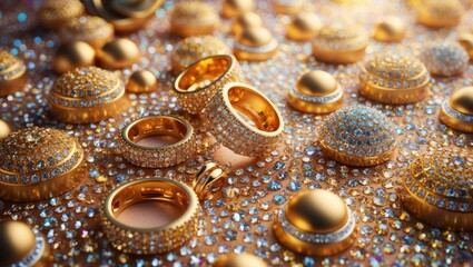 The image presents a luxurious collection of jewelry, with various gold items adorned with an abundance of sparkling gemstones. The pieces feature intricate designs, including rings, earrings, and